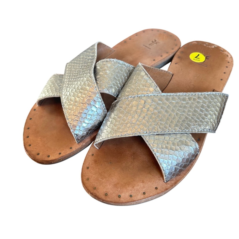Frye Brielle Crisscross Sandal Women Silver Metallic Leather Slide Faux Snake 7M